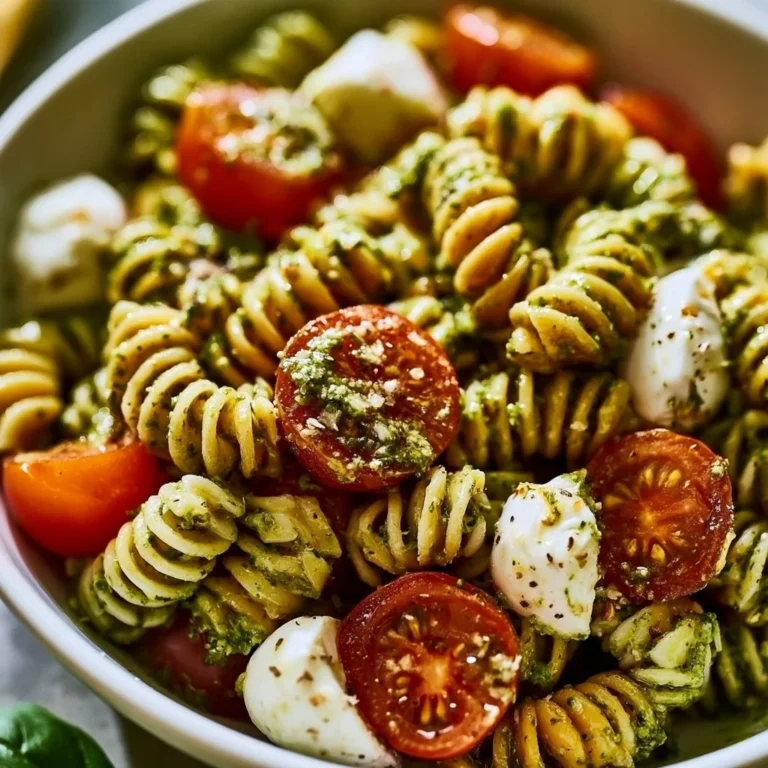 Pesto-Nudelsalat mit Tomaten und Mozzarella auf einem Teller