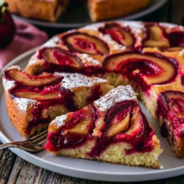 Ein frisch gebackener Pflaumenkuchen auf einem Holzbrett.