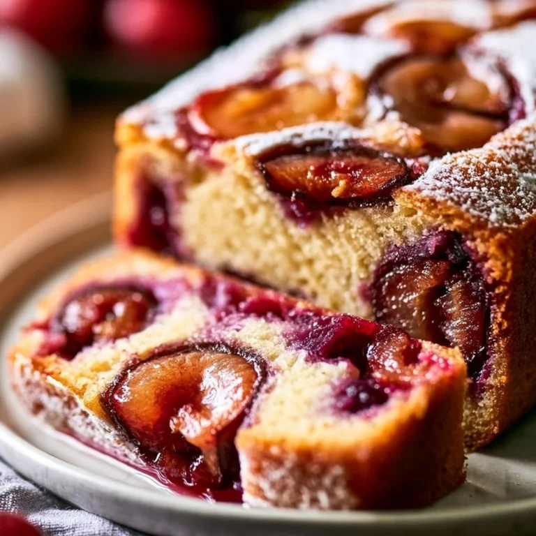 Pflaumenkuchen aus der Kastenform, frisch gebacken und serviert auf einem Holzbrett
