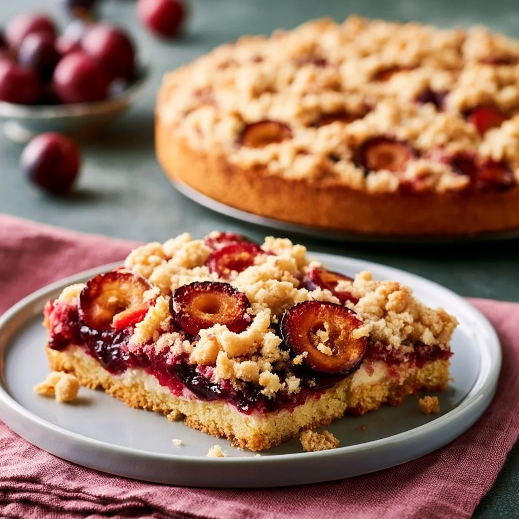 Pflaumenkuchen mit Streuseln, frisch gebacken und mit saftigen Pflaumen