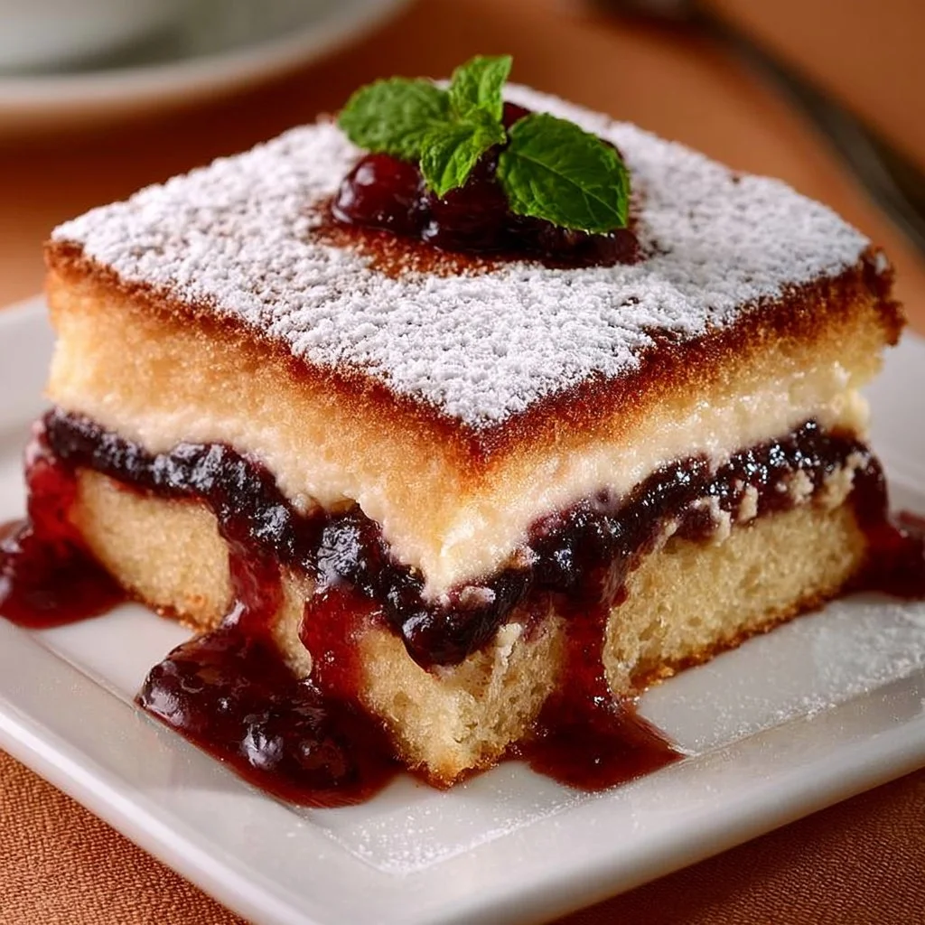 Pflaumenmus Kuchen auf einem Teller, garniert mit frischen Pflaumen.