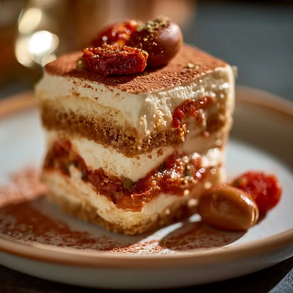 Pikantes Antipasti Tiramisu mit italienischen Zutaten und Gewürzen