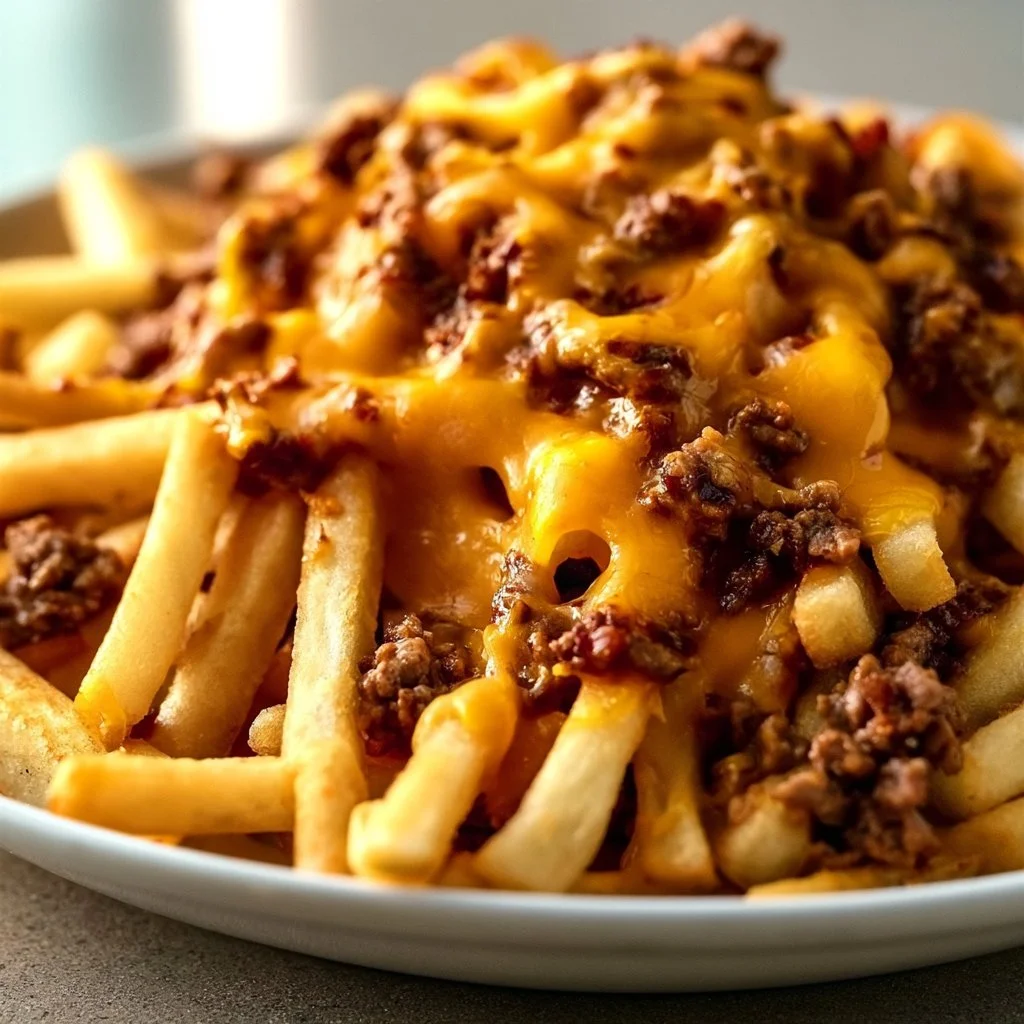 Pommes Frites mit Hackfleisch und Cheddar auf einem Teller