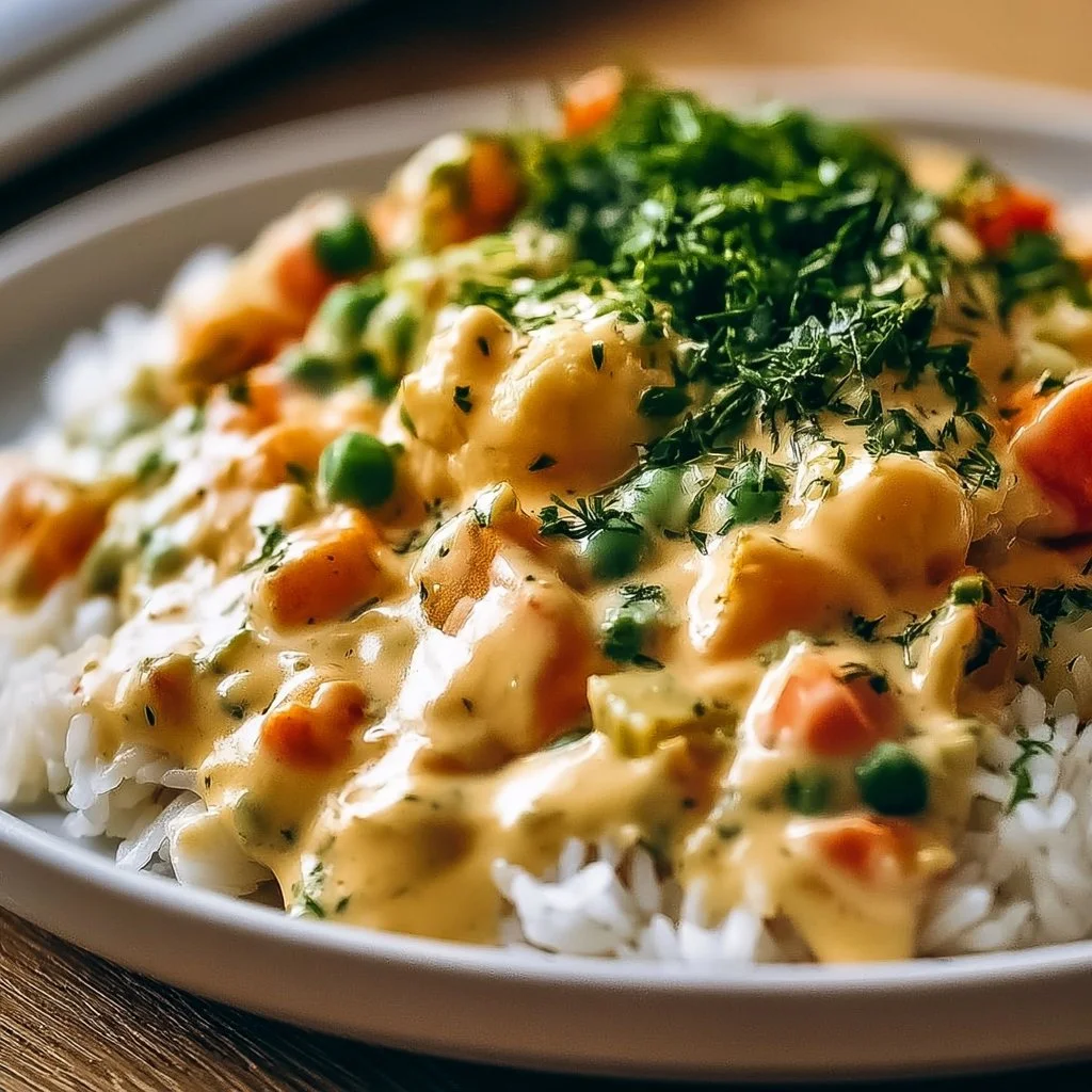 Reis mit Gemüse-Frischkäse-Sauce auf einem Teller serviert