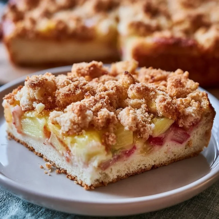 Saftiger Rhabarberkuchen mit Hefeteig auf einem weißen Teller