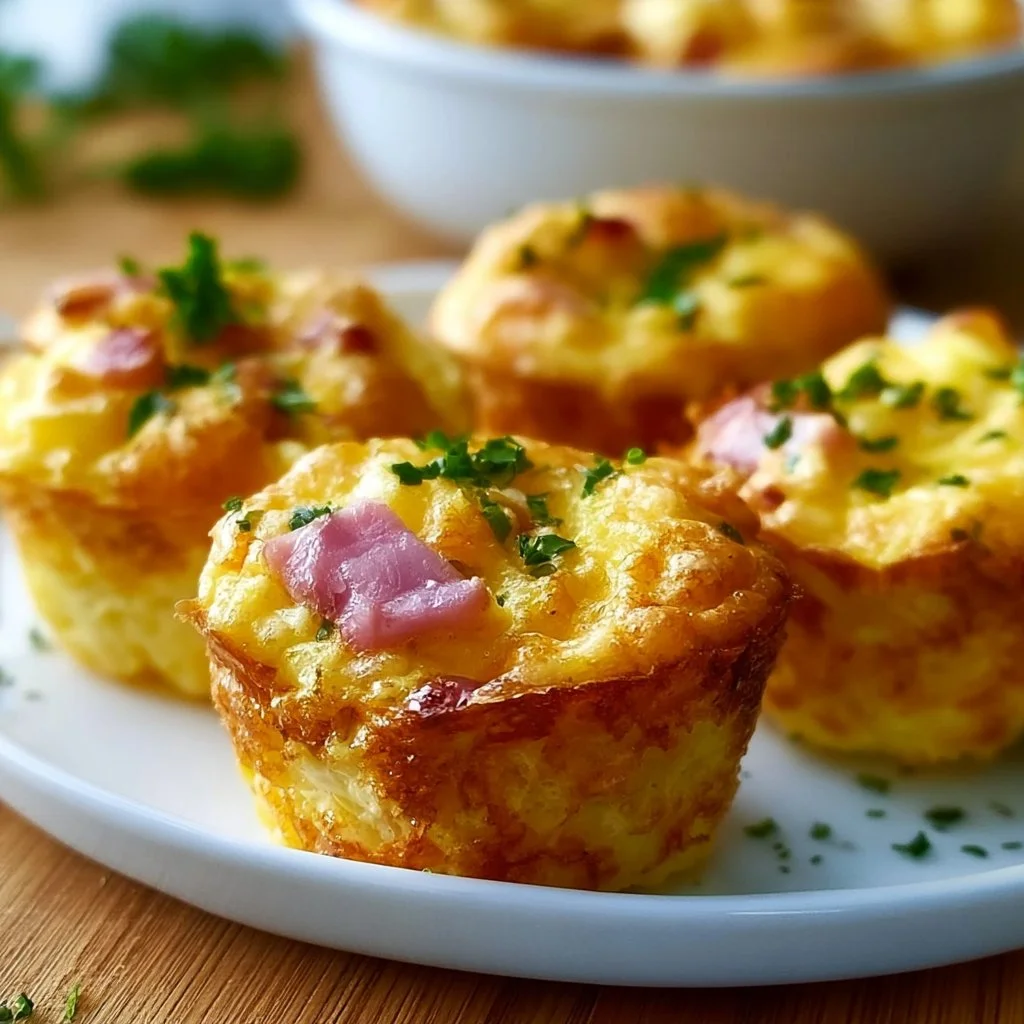 Köstliche Rührei-Muffins mit Schinken auf einem rustikalen Teller