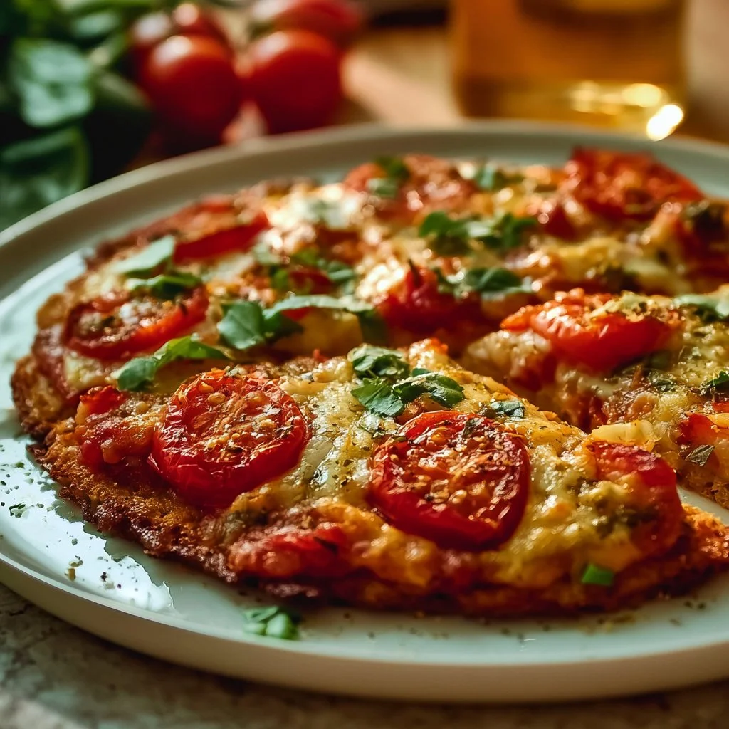 Schnelle Low Carb Schüttelpizza auf einem Teller mit frischen Zutaten
