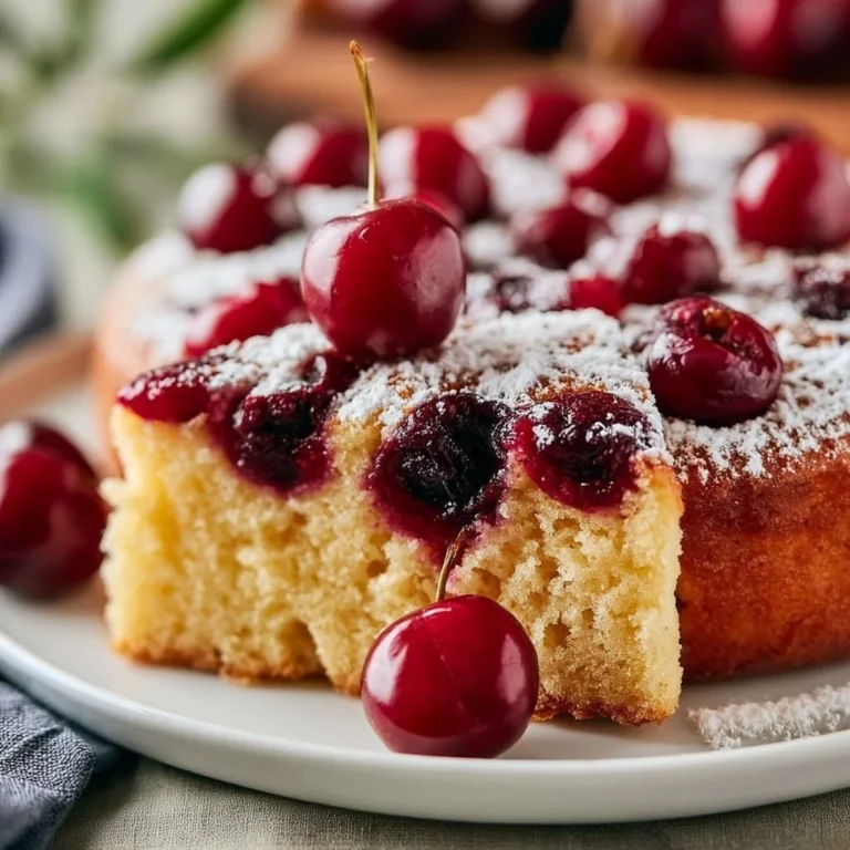 Ein Stück schneller Kirschkuchen mit frischen Kirschen auf einem Teller
