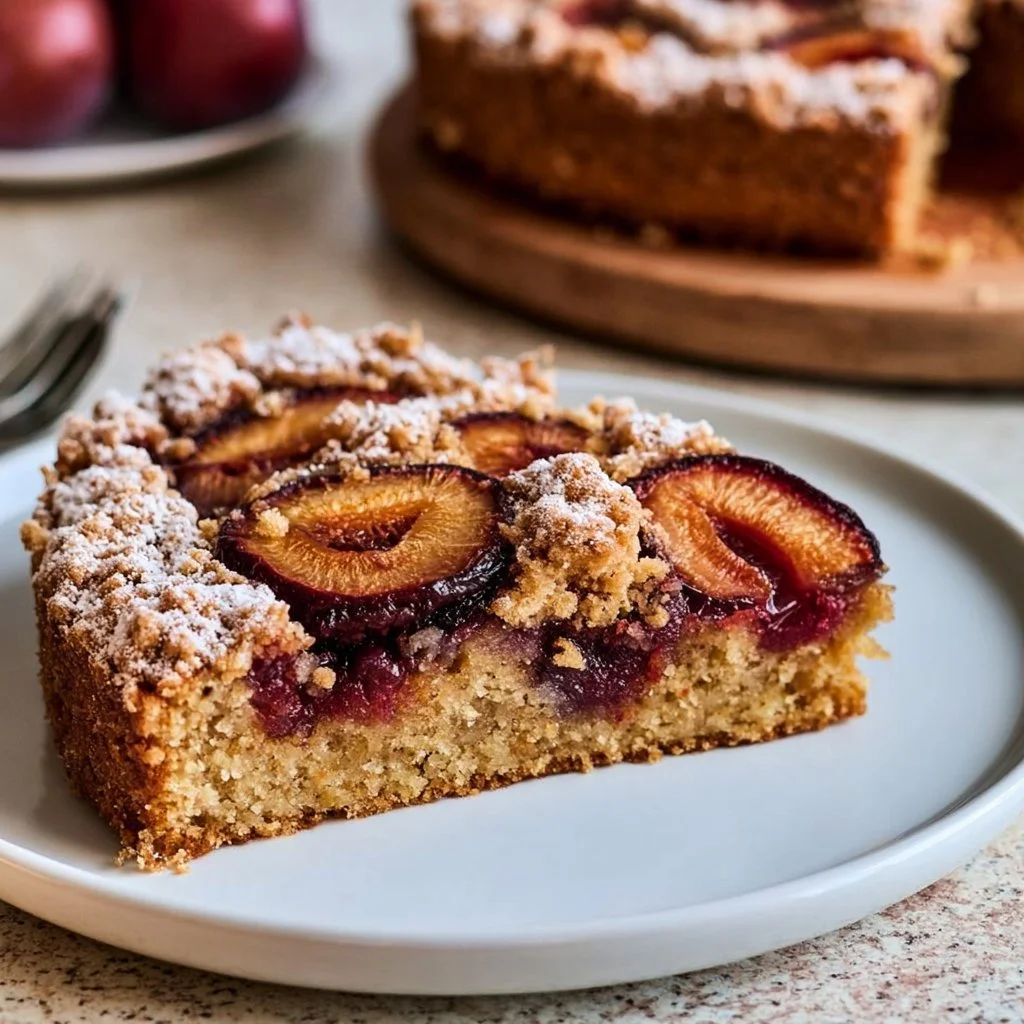 Schneller Pflaumenkuchen mit saftigen Pflaumen auf einem goldbraunen Teig