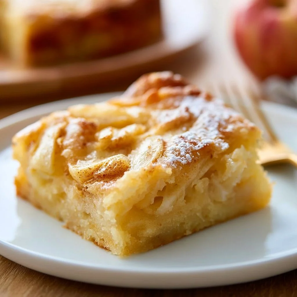 Schneller und saftiger Apfelkuchen mit Vanille auf einem Teller.