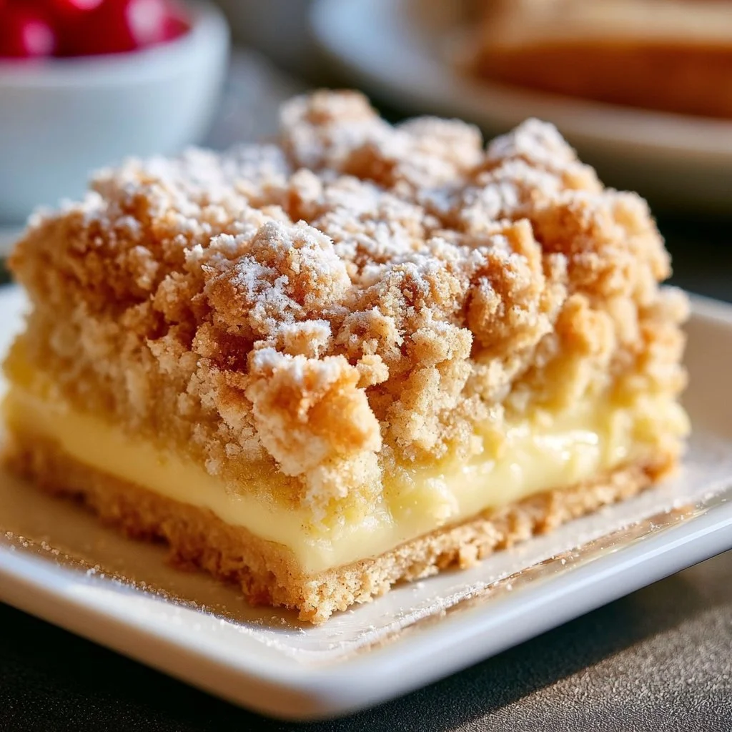 Leckerer Streuselkuchen mit Pudding auf einem Teller
