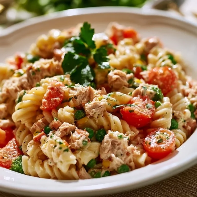 Thunfischnudelsalat mit frischen Zutaten in einer Schüssel serviert.