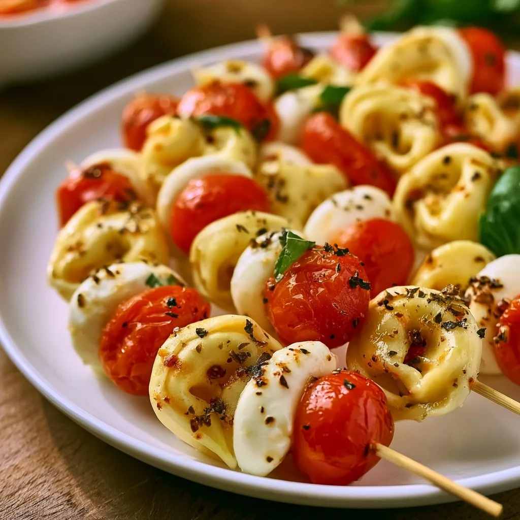 Leckere Tortellini-Spieße mit Kirschtomaten und Mozzarella auf einem Grillspieß