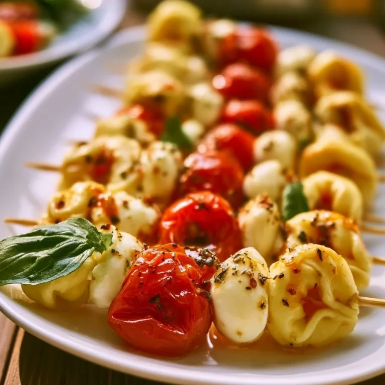 Bunte Tortellini-Spieße mit Tomate und Mozzarella auf einem Teller