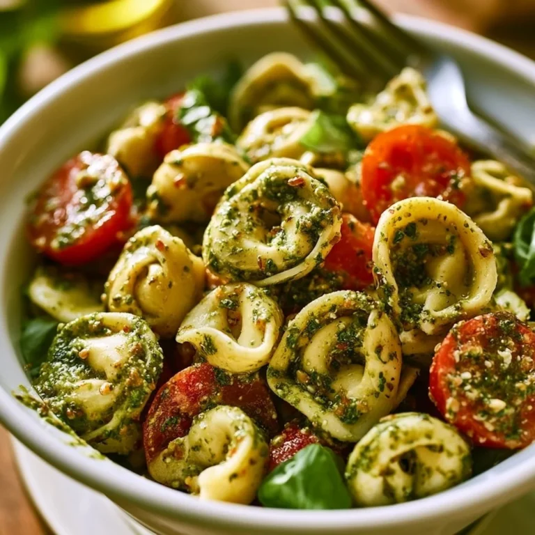 Tortellinisalat mit Pesto in einer bunten Schüssel serviert