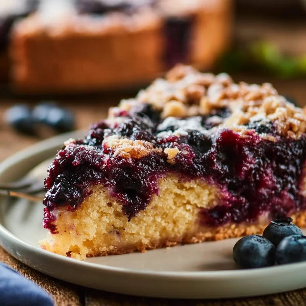 Traditioneller deutscher Blaubeerkuchen mit frischen Blaubeeren auf einem Teller