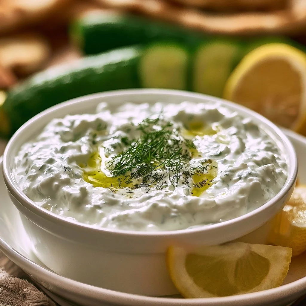 Schüssel mit frischem Tzatziki-Dip, perfekt für griechische Gerichte.