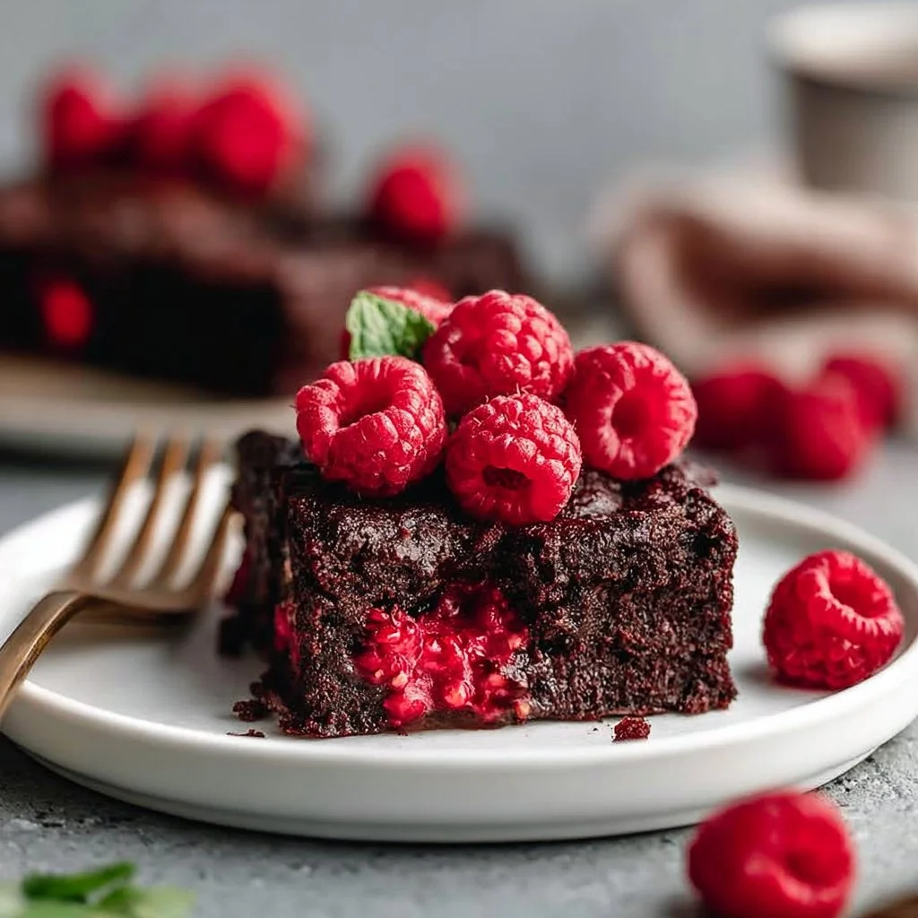 Vegane Himbeer-Brownies auf einem Teller, verziert mit frischen Himbeeren.