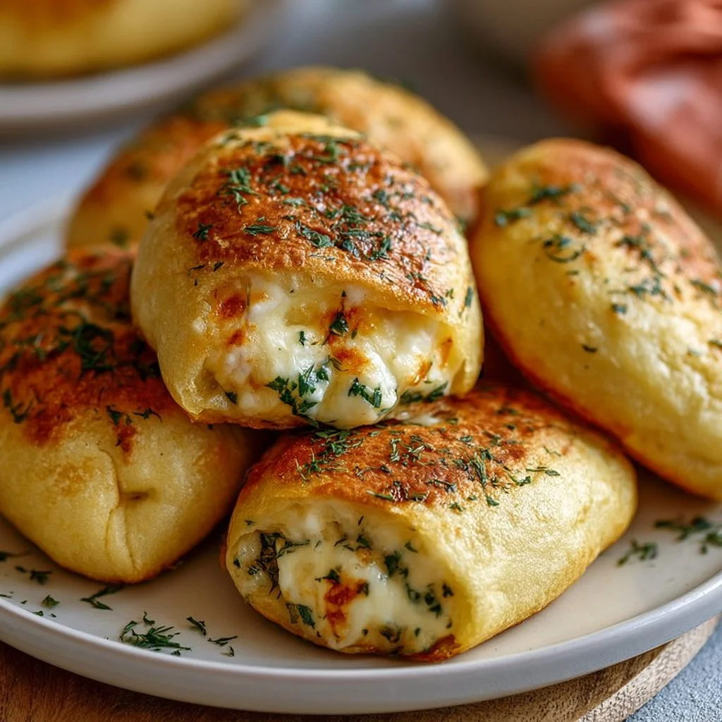 Vegetarische Kartoffeltaschen gefüllt mit Frischkäse auf einem Teller.