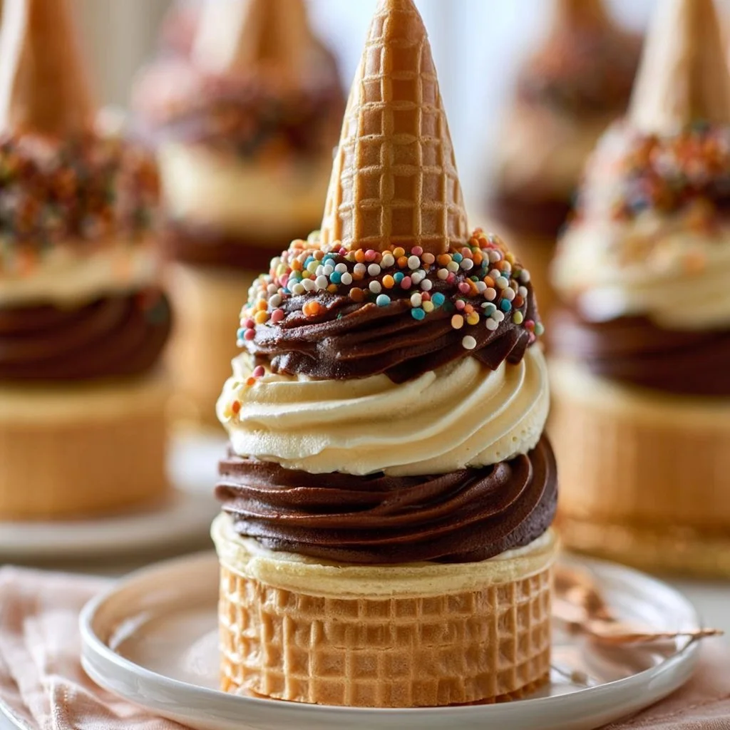 Leckerer Waffelbecher Kuchen mit buntem Topping und Sahne