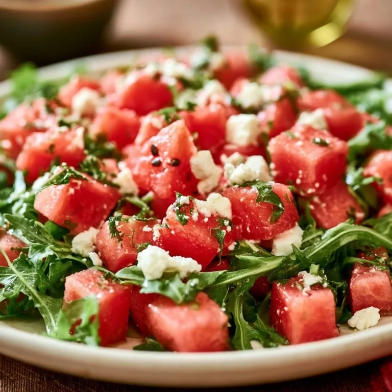 Wassermelonen-Feta-Salat mit Rucola, frisch und sommerlich serviert.