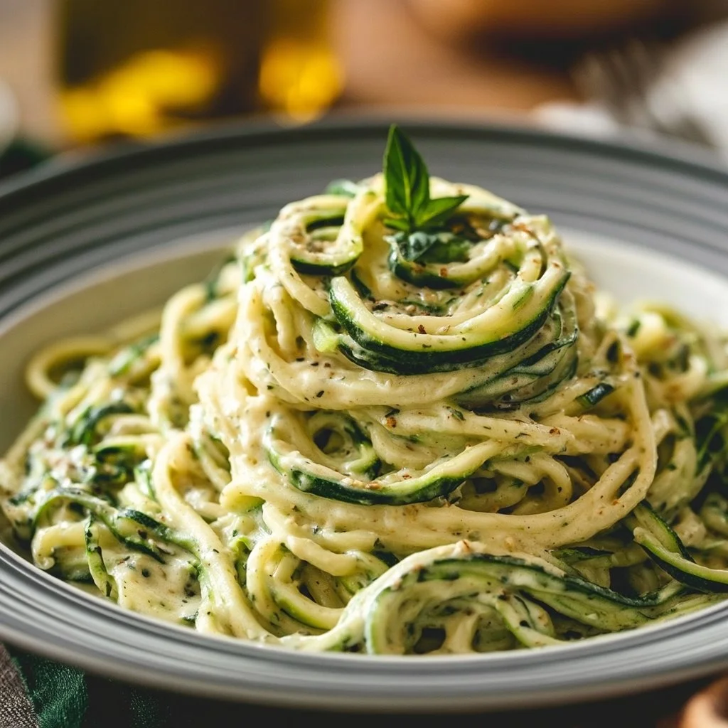 Zucchini-Spaghetti in cremiger Sauce auf einem Teller serviert.