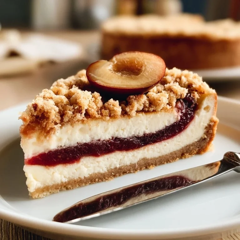 Zwetschgen Käsekuchen mit Streuseln auf einem Teller